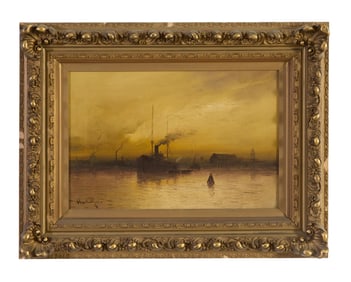 Scottish/British School (19th/20th Century), "Steamboat at Port," H.- 12 in., W.- 17 7/8 in.,