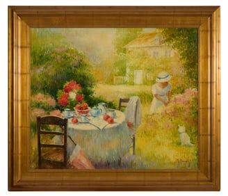 Henri Joseph Pauwels (1903-1983, Belgian), "Teatime in the Garden," H.- 32 in., W.- 38 in., Framed