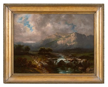 Attributed to Constantin-Emile Meunier (Belgian, 1831-1905), "Mountainscape at Dusk with Creek Bed,"