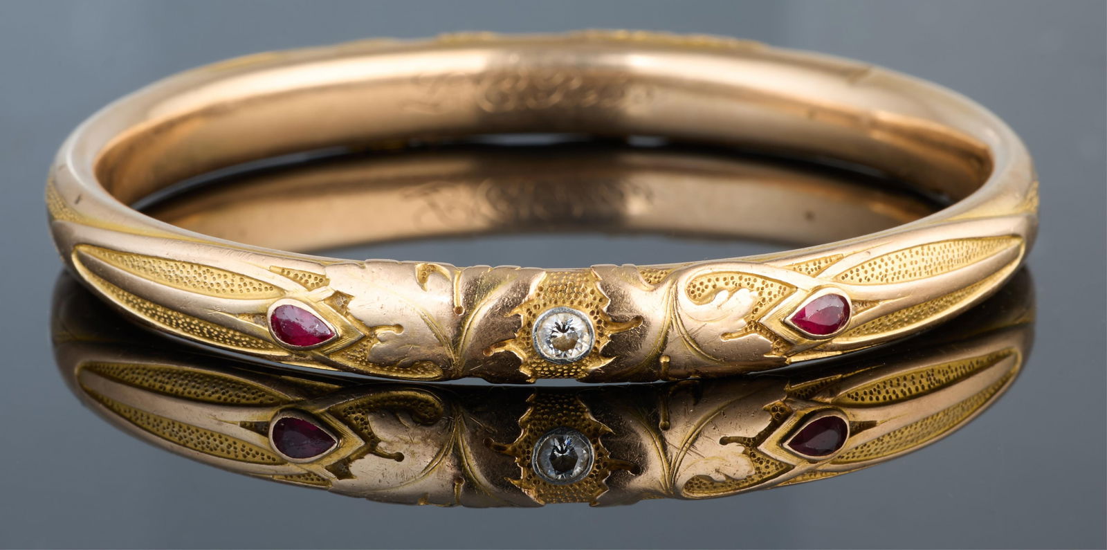 14K Yellow Gold Diamond and Ruby Bangle, App. Wt.- 18.9 grams; Int. H.- 2 1/4 in., Int. W.- 2 1/2 (1 of 18)