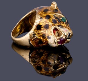 Enameled 18K Yellow Gold Leopard Ring, App. Wt.- 24.88 grams; Size- 5 1/2.