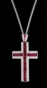 18K White Gold Diamond and Ruby Cross, App. Wt.- 20.5 grams; Pendant- L.- 2 1/2 in., W.- 1 5/16 in.;