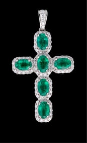 Platinum, Emerald and Diamond Cross Pendant, App. Wt.- 9.1 grams; H.- 1 5/8 in., W.- 7/8 in.