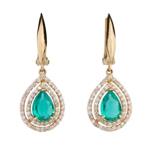 Pair of 14K Yellow Gold Emerald and Diamond Earrings, App. Wt.- 3.3 grams; Each- H.- 1 in., W.- 7/16