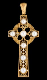 20K Yellow Gold Enamel and Pearl Cross Pendant, App. Wt.- 15.86 grams; H.- 3 7/16 in., W.- 1 7/16