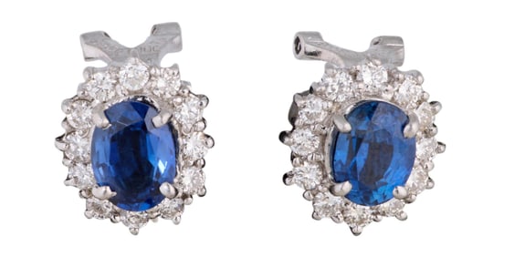 Pair of Platinum Sapphire and Diamond Earrings, App. Wt.- 7.9 grams; Each- H.- 1/2 in., W.- 3/8 in.