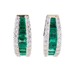 Pair of 18K Yellow Gold Emerald and Diamond Hoop Earrings, App. Wt.- 8 grams; Each- H.- 3/4 in. (2