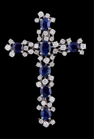 18K White Gold Sapphire and Diamond Cross Pendant, App. Wt.- 10 grams; H.- 2 in., W.- 1 3/8 in.