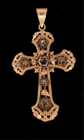 14K Yellow Gold and Brown Diamond Coptic Cross Pendant, App. Wt.- 7.8 grams; H.- 2 3/4 in., W.- 1