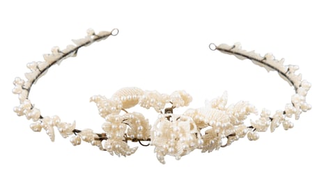 Seed Pearl Tiara, early 20th c., H.- 1 3/4 in., W.- 6 in., D.- 7 3/4 in.