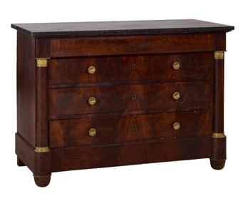 French Empire Marble Top Mahogany Commode, mid 19th c., H.- 35 3/4 in., W.- 50 1/2 in., D.- 23 in.