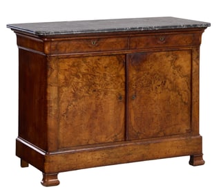 French Louis Philippe Marble Top Burled Walnut Sideboard, mid 19th c., H.- 37 3/4 in., W.- 50 1/4