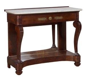 French Empire Marble Top Mahogany Pier Table, early to mid 19th c., H.- 36 1/2 in., W.- 45 1/2 in.,