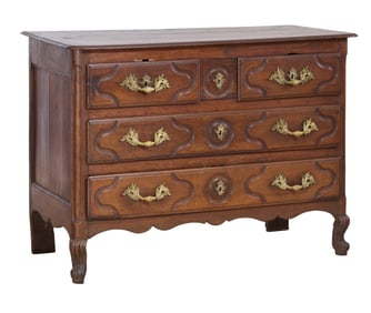 French Provincial Louis XV Style Oak Commode, late 19th c., H.- 36 in., W.- 48 1/2 in., D.- 23 1/2