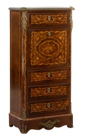 French Napoleon III Marble Top Ormolu Mounted Marquetry and Parquetry Secretaire a Abattant, late