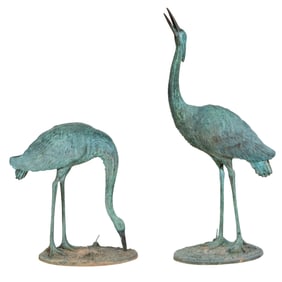 Pair of Patinated Bronze Garden Cranes, 20th c., Larger- H.- 60 in., W.- 30 in., D.- 17 in. (2 Pcs.)