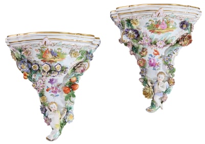 Pair of Royal Vienna Style Porcelain Bracket Shelves,19th c., H.- 13 3/4 in., W.- 12 in., D.- 9 3/4
