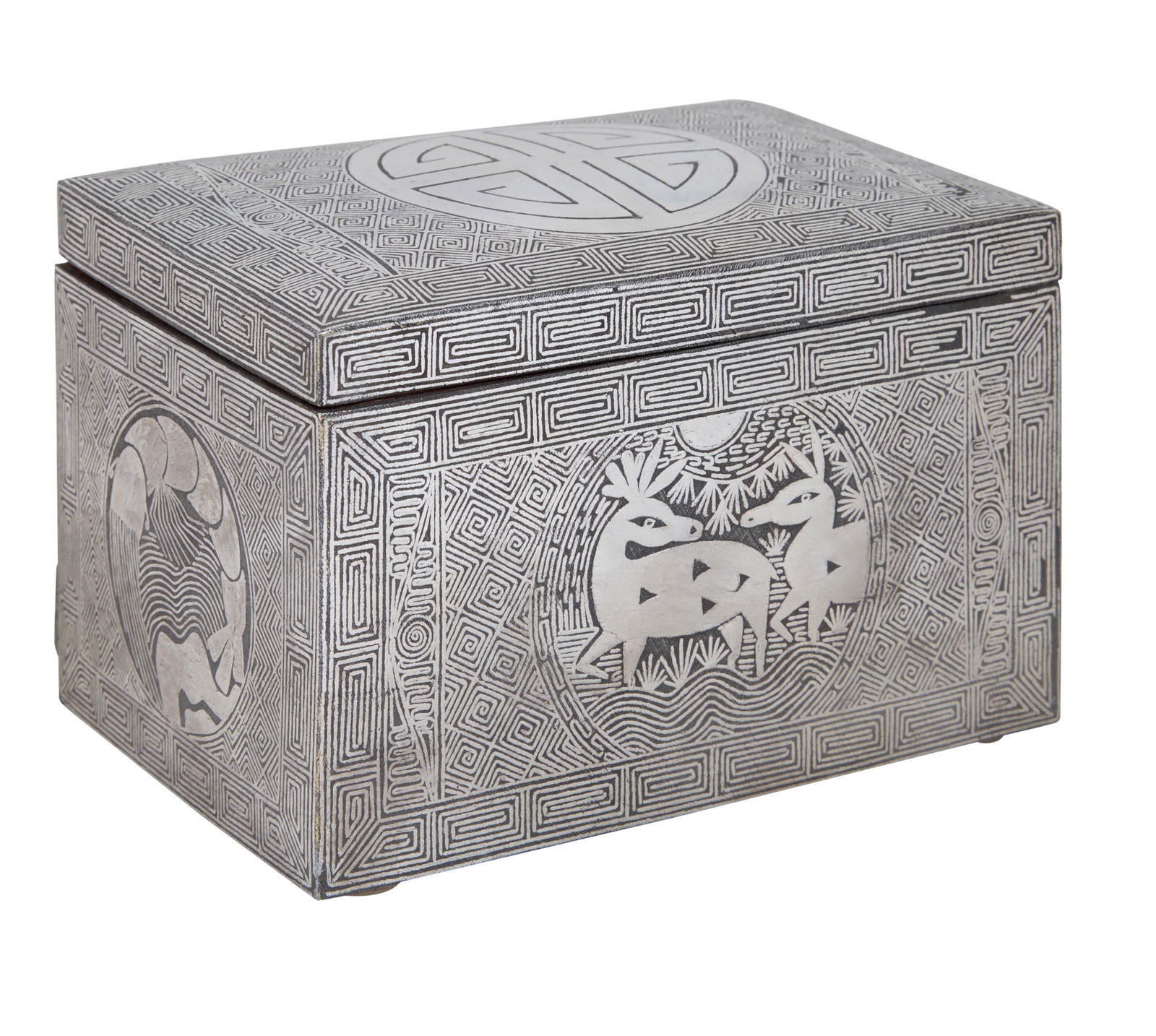 Korean Silvered Iron Tobacco Box, 19th c., H.- 3 1/2 in., W.- 5 1/2 in., D.- 3 5/8 in. (1 of 2)
