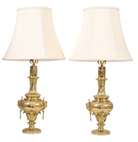 Pair of Heavy Bronze Urn Form Table Lamps, 20th c., H.- 23 in. to top of shade, Dia.- 8 in. (2 Pcs.)