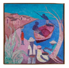 Henri Calixte (Haitian, 1933-2010), "Daily Life by the Sea," H.- 24 1/4 in., W.- 24 1/4 in., Framed-