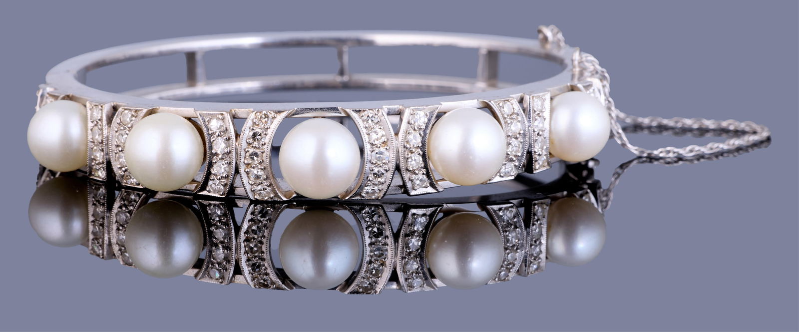 14K White Gold Pearl and Diamond Hinged Bangle, App. Wt.- 32.9 grams; Int. H.- 2 in., Int. W.- 2 1/4 (1 of 1)