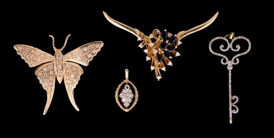 Group of Four 18K Yellow Gold Pendants, App. Wt.- 18.91 grams., Butterfly- H.- 1 1/2 in., W.- 1 5/8