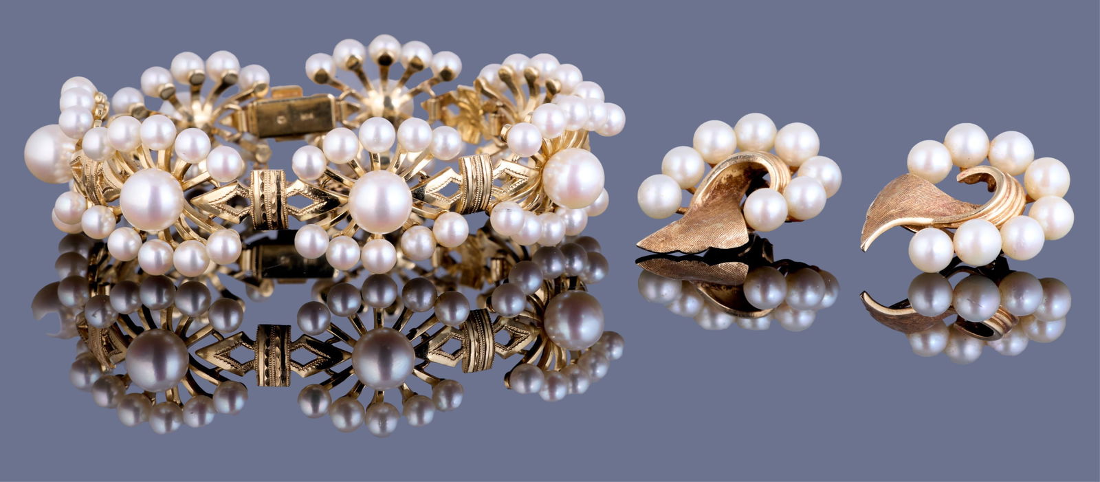 Three Piece 14K Yellow Gold and Cultured Pearl Set, App. Wt.- 39.4 grams; Bracelet- H.- 6 3/4 in. (3 (1 of 3)