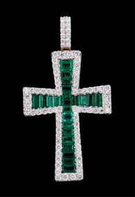 18K Yellow Gold Emerald and Diamond West Syriac Cross Pendant, App. Wt.- 6.8 grams; H.- 1 5/8 in.,