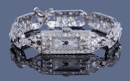 Ladies' Platinum and Diamond Waltham Wristwatch, App. Wt.- 21.6 grams; L.- 6 1/4 in.