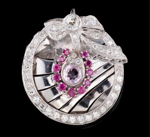 14K White Gold Ruby and Diamond Circular Pendant, App. Wt.- 18.7 grams; Dia.- 1 1/2 in.