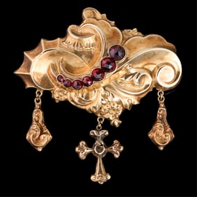 14K Rose Gold and Garnet Brooch, early 20th c., App. Wt.- 12.1 grams; H.- 2 in., W.- 2 3/16 in., D.-