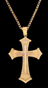 18K Yellow Gold Cross Pendant, App. Wt.- 20.22 grams; Pendant- H.- 3 3/8 in., W.- 2 1/16 in.; Chain-