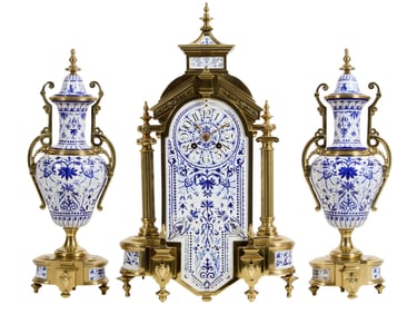 Three Piece Delft Gilt Bronze and Porcelain Mantel Garniture, 20th c., Clock- H.- 18 1/4 in., W.- 10
