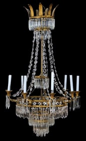 French Empire Style Gilt Metal Eight Light Chandelier, 19th c., H.- 49 in., Dia.- 29 in.
