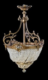 French Empire Style Bronze and Crystal Basket Three Light Chandelier, 19th c., H.- 23 in., Dia.- 15