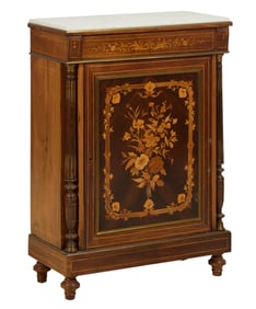 French Napoleon III Marble Top Brass Mounted Parquetry Marquetry Parlor Cabinet, late 19th c., H.-