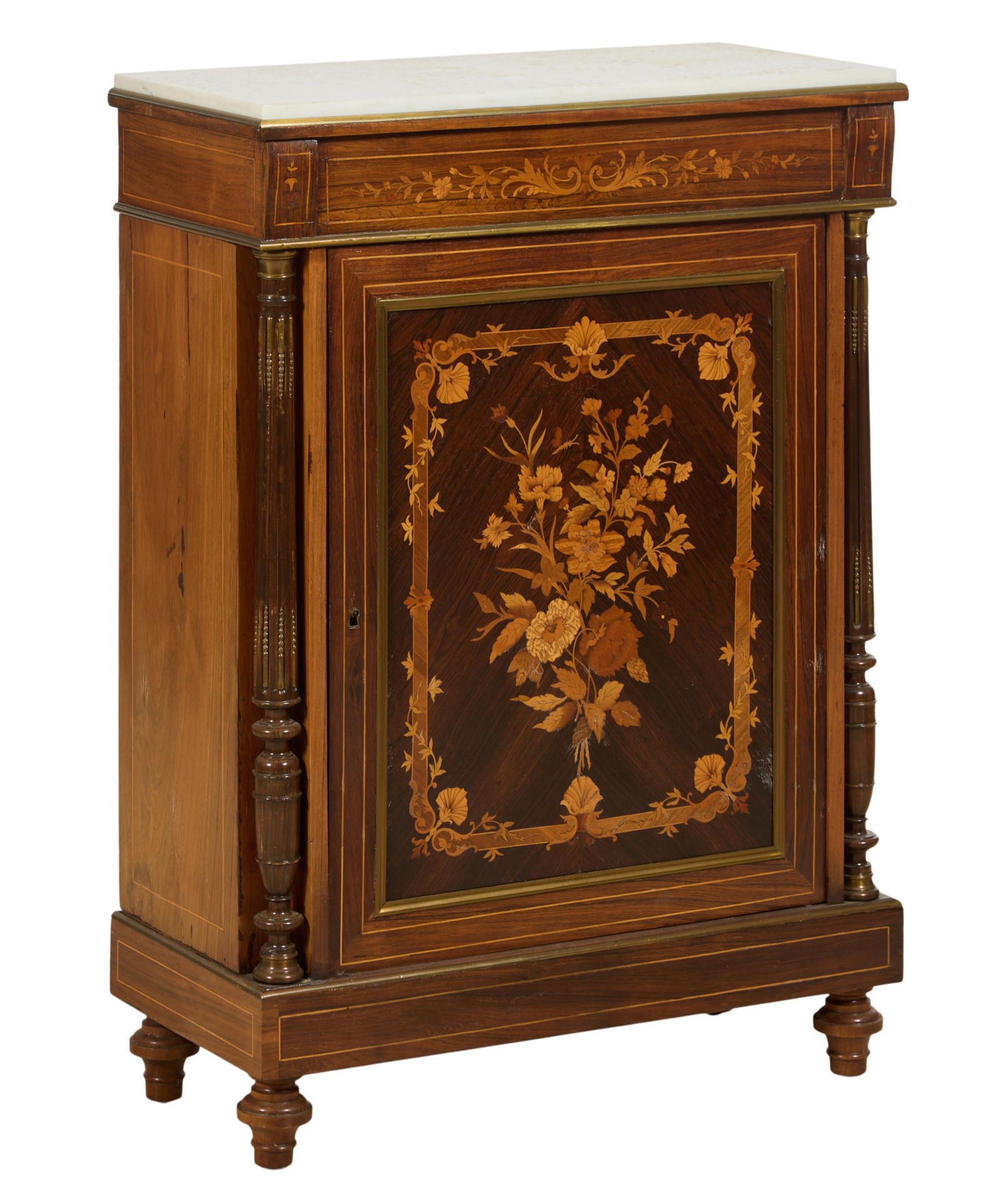 French Napoleon III Marble Top Brass Mounted Parquetry Marquetry Parlor Cabinet, late 19th c., H.- (1 of 2)