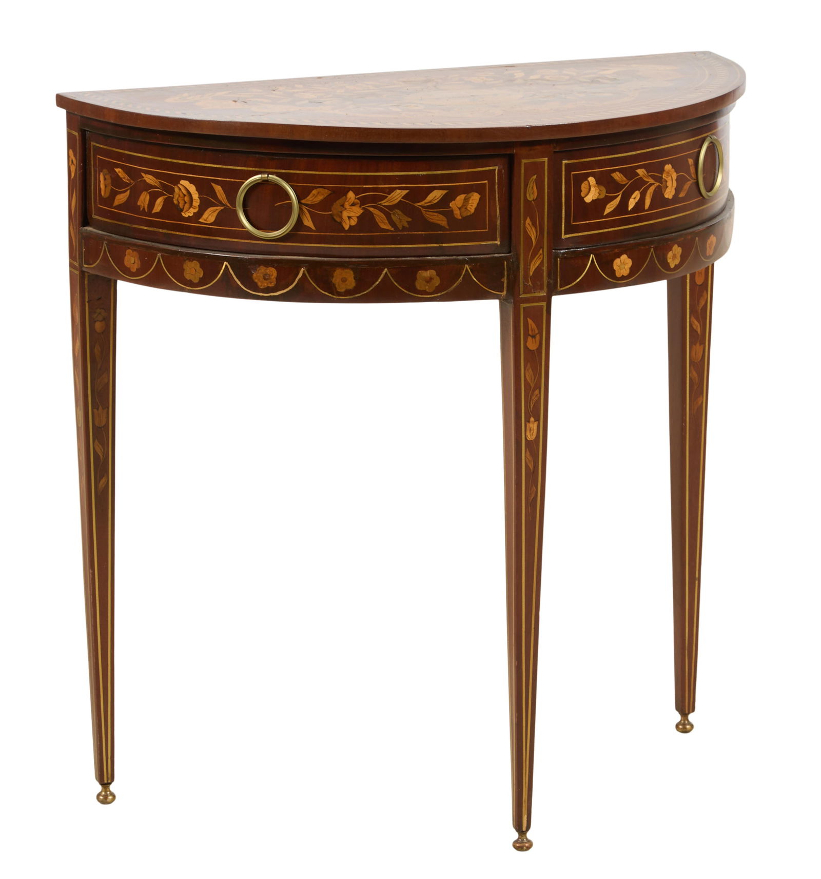 Dutch Parquetry Marquetry Demi-Lune Console, 19th c., H.- 29 in., W.- 28 1/2 in., D.- 14 in. (1 of 2)