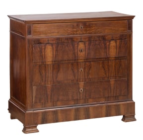French Louis Philippe Figured Walnut Commode, mid 19th c., H.- 38 1/4 in., W.- 42 1/2 in., D.- 19