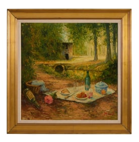 Henri Joseph Pauwels (Belgian, 1903-1983), "Picnic in the Woods," H.- 29 7/8 in., W.- 29 3/4 in.,