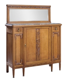 French Art Nouveau Marble Top Carved Oak Desserte, early 20th c., Buffet- H.- 43 in., W.- 50 in., D.