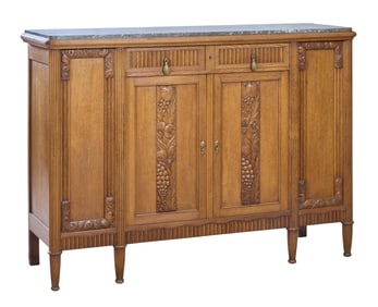 French Art Nouveau Marble Top Walnut Sideboard, early 20th c., H.- 45 in., W.- 63 1/4 in., D.- 20