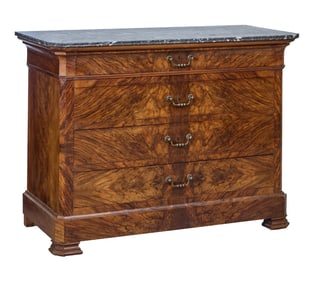 French Louis Philippe Marble Top Burled Walnut Commode, mid 19th c., H.- 37 in., W.- 50 5/8 in., D.-