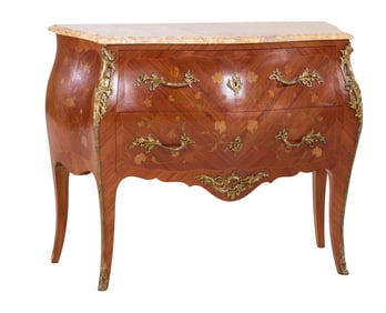 French Louis XIV Style Marble Top Bombe Marquetry Parquetry Commode, 20th c., H.- 33 1/4 in., W.- 43