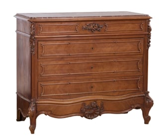 French Louis XV Style Marble Top Carved Walnut Commode, 20th c., H.- 40 in., W.- 47 in., D.- 21 in.