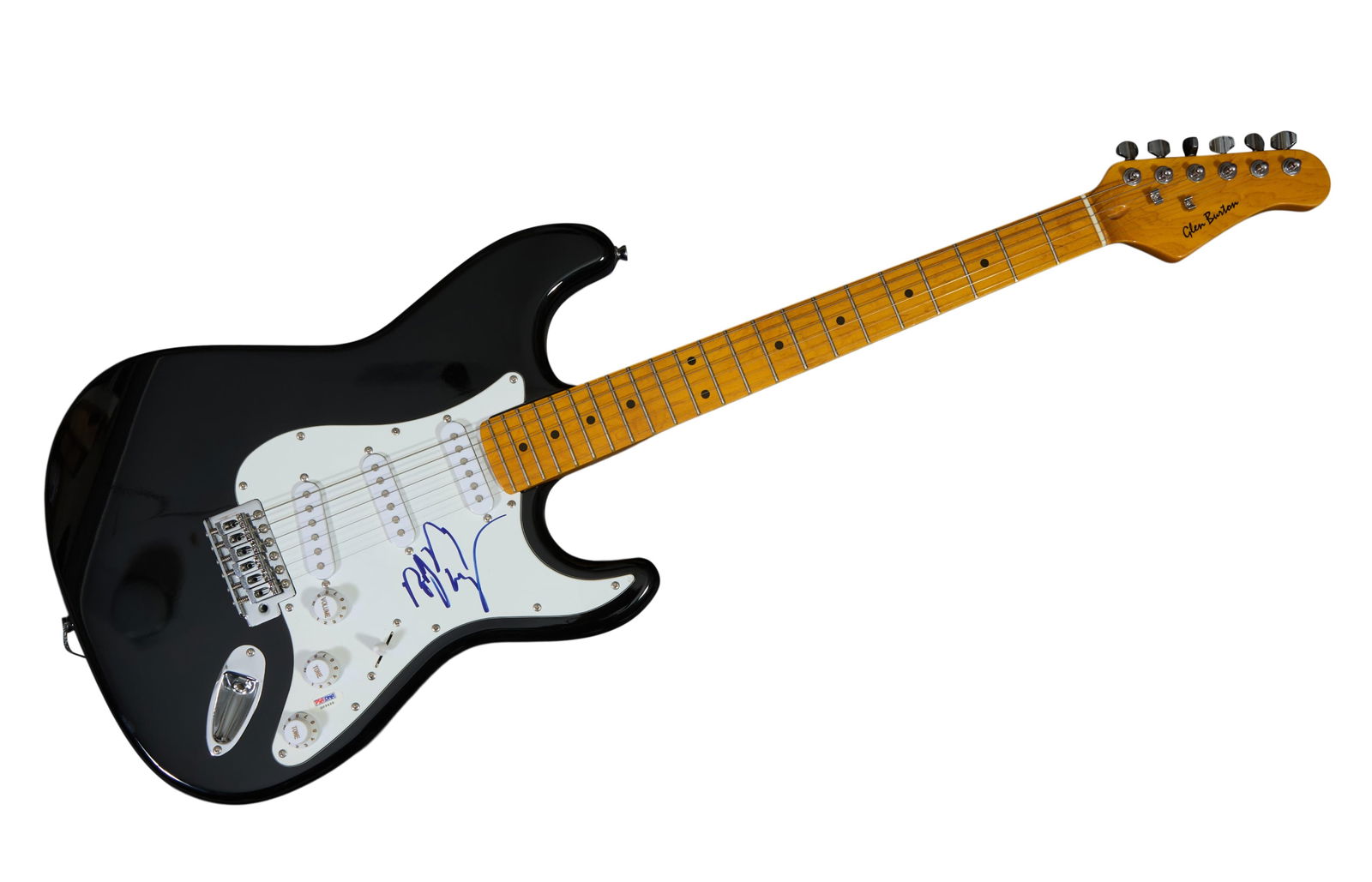 Autographed Glen Burton Electric Guitar, L.- 39 1/2 in., W.- 12 3/4 in., D.- 2 /14 in.: Autographed Glen Burton Electric Guitar, signed on body/soundboard, L.- 39 1/2 in., W.- 12 3/4 in., D.- 2 /14 in.