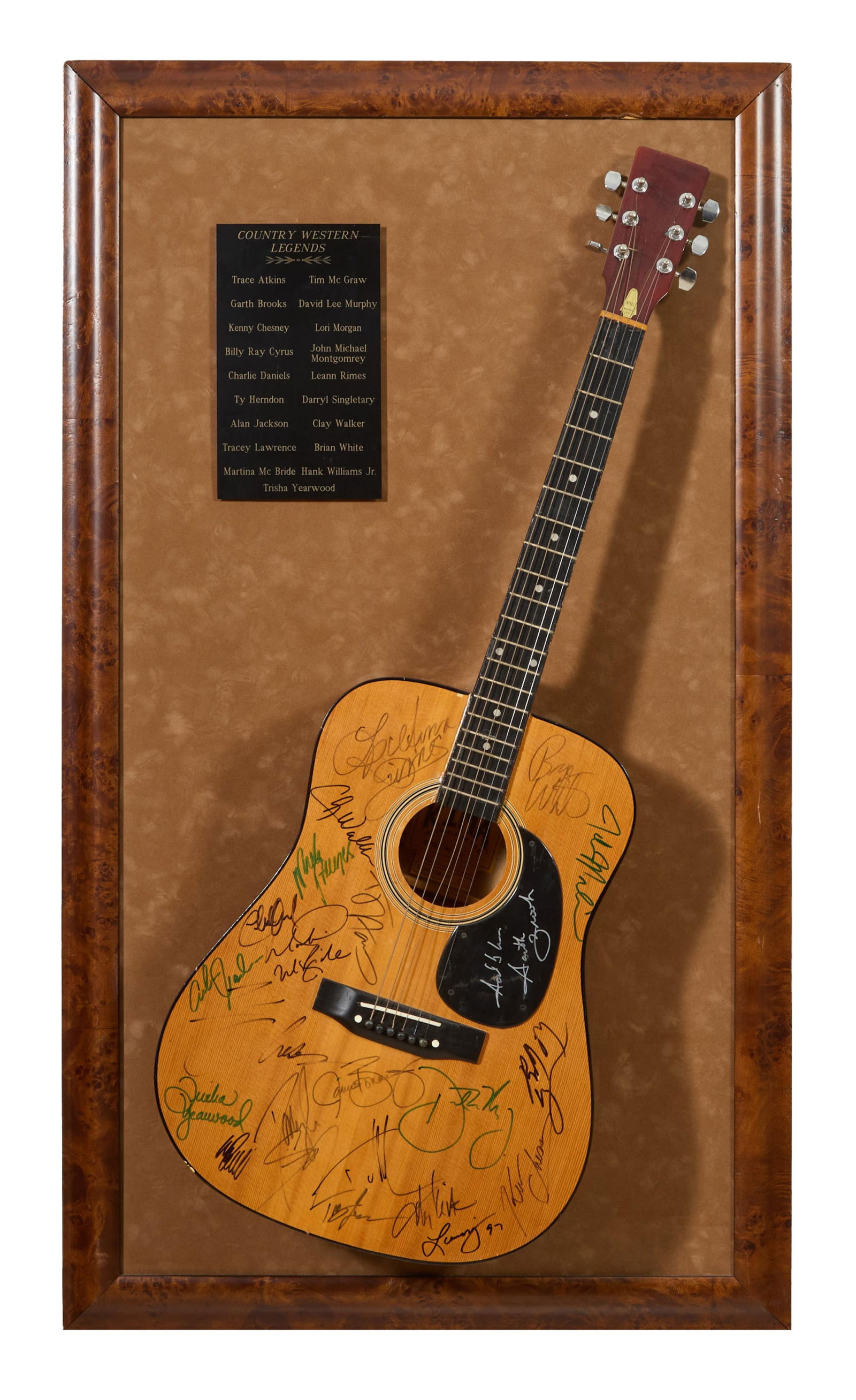 Country Western Legends Autographed Kima Acoustic Guitar, Overall- H.- 46 3/4 in., W.- 26 3/4 in.,: Country Western Legends Autographed Kima Acoustic Guitar, the body/soundboard sharpie signed by fourteen country legends and presented with an ebonized plaque of artists, framed together in a faux bur