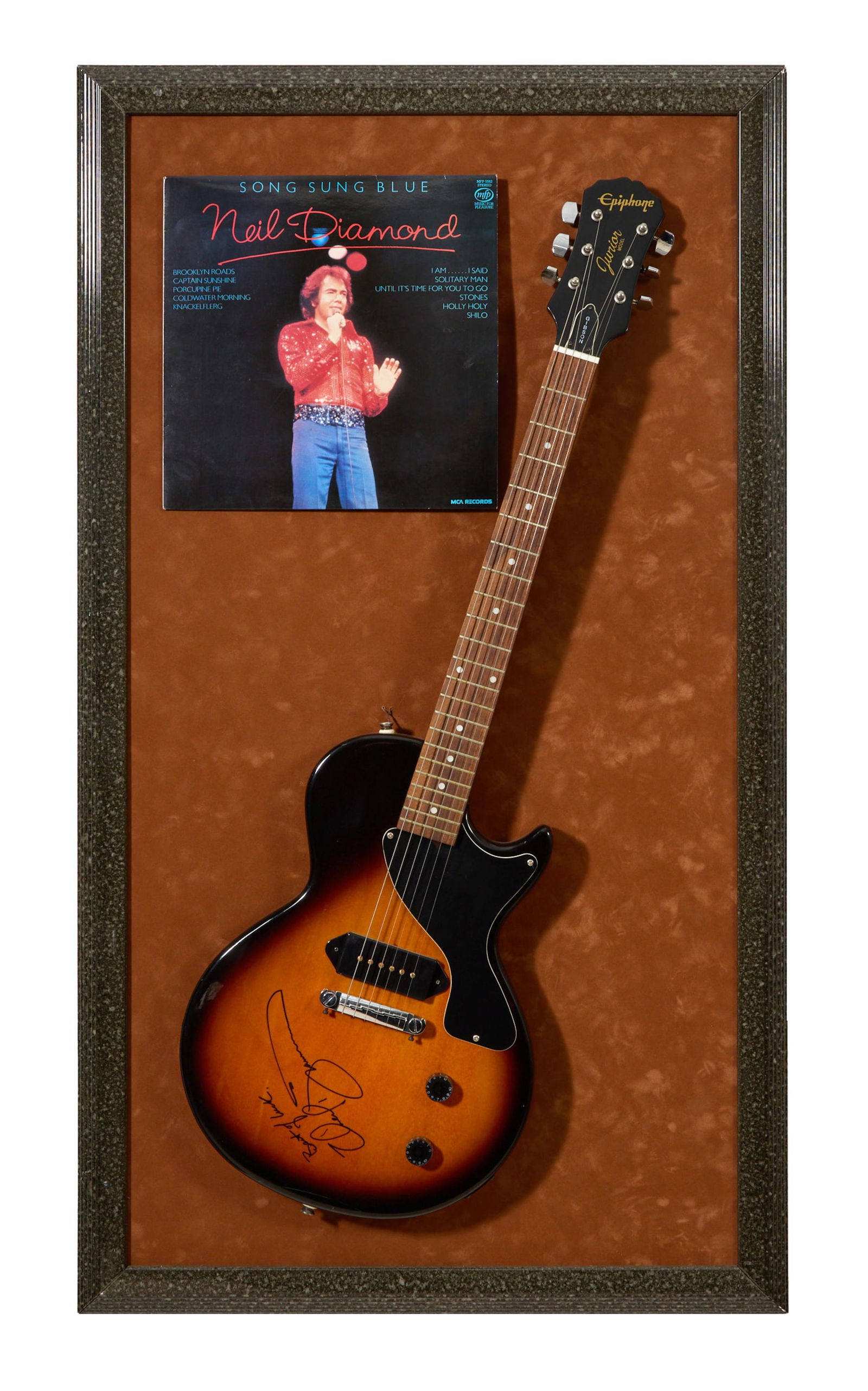 Neil Diamond Autographed Epihone Electric Guitar and Memorabilia, Overall- H.- 46 1/2 in., W.- 26: Neil Diamond Autographed Epihone Electric Guitar and Memorabilia, sharpie signed on the body of the guitar and inscribed "Best of Luck" together with MCA Records "Song Some Blue" LP and album cover, p