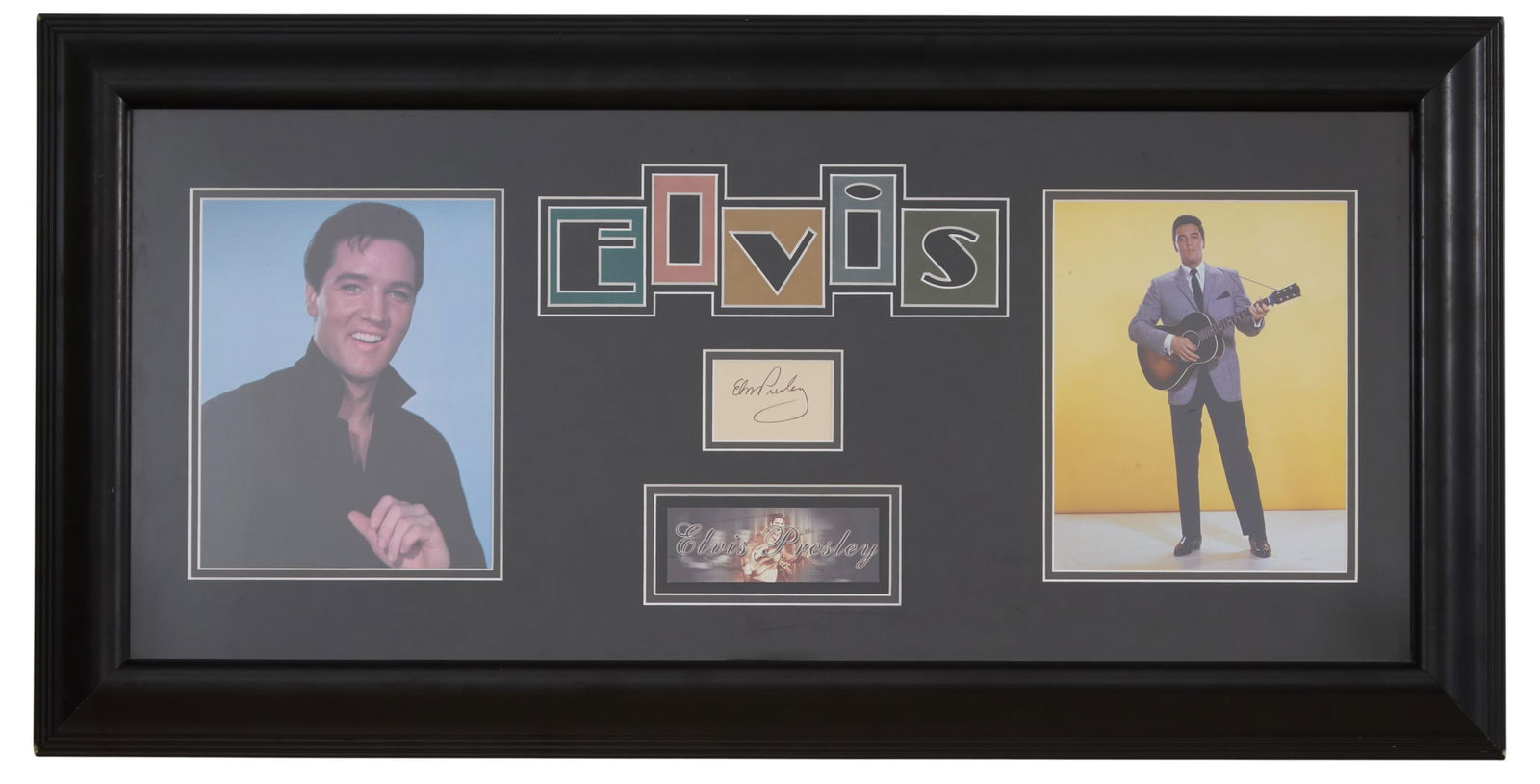 Elvis Presley Autographed Memorabilia, Overall- H.- 19 1/4 in., W.- 38 in.: Elvis Presley Autographed Memorabilia, with Elvis' signature on paper, centered by "Elvis" color block cut letters and plaque, and flanked by two reproduced color photographs of the artist, presented