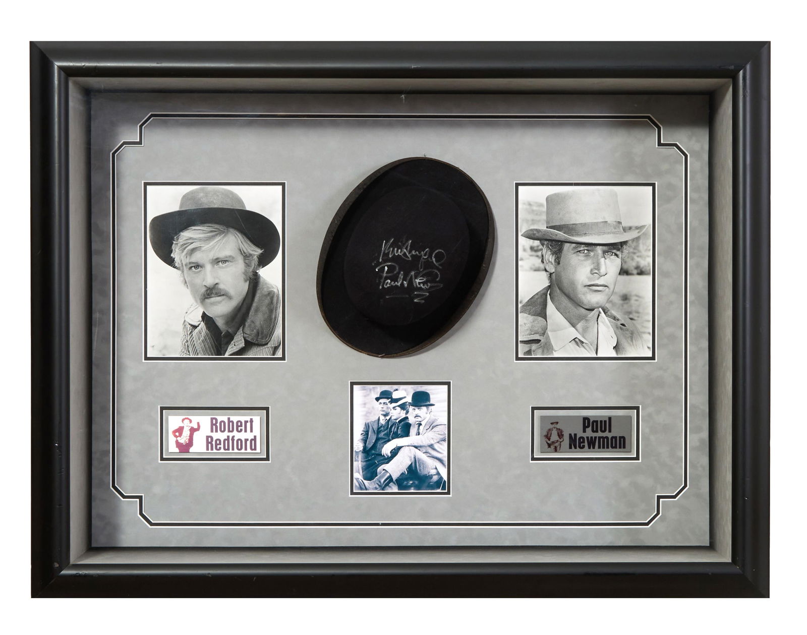 Robert Redford and Paul Newman Autographed Memorabilia from "Butch Cassidy and the Sundance Kid": Robert Redford and Paul Newman Autographed Memorabilia from "Butch Cassidy and the Sundance Kid" (1969), featuring a double signed black hat prop, presented with black and white film stills and silver